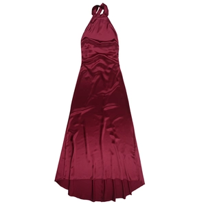 Detailed view of backless halter satin long dress in wine red with smooth silk texture