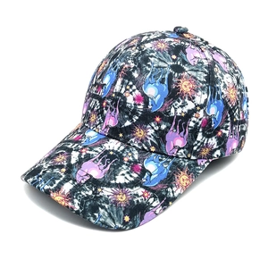Close-up of adjustable baseball cap with palm tree print and durable canvas fabric details