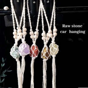 Set of five handmade raw crystal stone car hangings with woven cotton ropes and beads