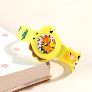 Kids cute yellow dinosaur cartoon watch with soft silicone strap for boys and girls
