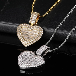 Heart Photo Locket Pendant Necklace Copper Cubic Zirconia Iced Out Hip Hop Bling Jewelry Rope Chain