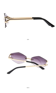 Detail view showing the side and back of rimless geometric sunglasses with gold metal temples