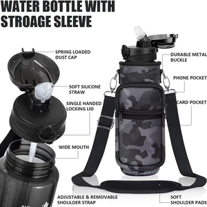 Detail of camouflage water bottle sleeve with shoulder strap, phone pocket and straw lid