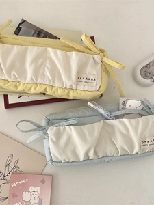 Quilted bow pencil cases in light blue and yellow, aesthetic large storage stationery bags