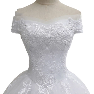 Elegant off-the-shoulder white lace wedding dress with sequins and mesh fishtail skirt