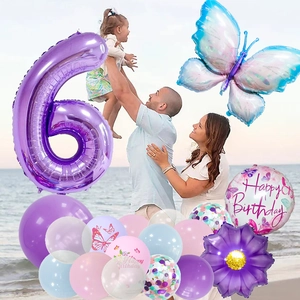 Purple butterfly 6th birthday balloon set with macaron latex and flower foil balloons