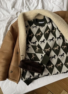 Macro detail of knit sweater featuring green argyle pattern and horse motif embroidery