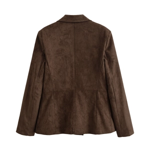 Rear view of a dark brown suede blazer for women with a slim-fit tailored silhouette