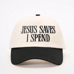 Retro baseball cap with JESUS SAVES I SPEND embroidery in cream and black tones