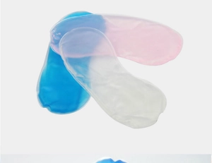 Detailed view of blue, pink, and white PVC gel pads for hot or cold eye compress