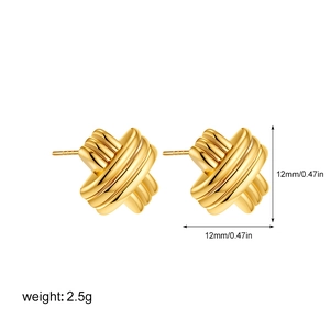Macro detail of 18K gold-plated X-shape cross earrings with size and weight specs