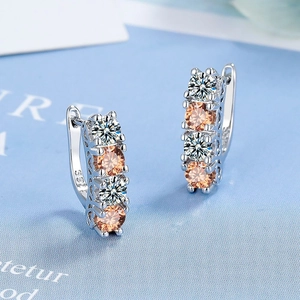 Exquisite S925 sterling silver hoop earrings set with amber and white cubic zirconia