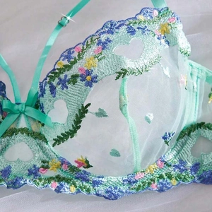Mint green mesh lingerie set with colorful floral embroidery and heart cut-out details