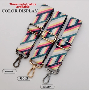 Detailed view of adjustable colorful woven bag straps with gold, silver and gunmetal clips