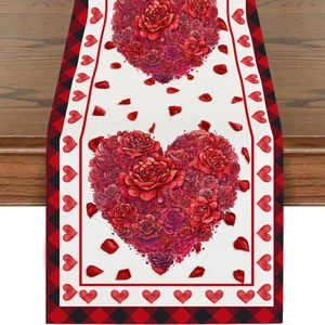 Valentine's Day table runner with red roses and heart patterns on wood background