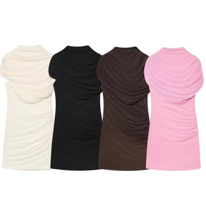 Ärmelloses Gerafftes Minikleid Mit Wasserfallausschnitt Stretch Mesh Polyester Sexy Party Clubwear Mode Für Damen