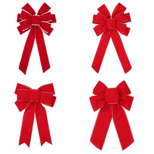 Large Red Christmas Decorative Bows Flocked Velvet Gold Trim White Fur Edge Holiday Ornament Tree Wreath Door Party