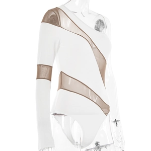 Close-up of white long sleeve bodysuit with brown mesh panels on transparent mannequin