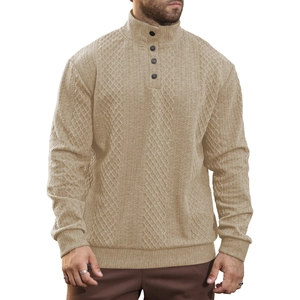 Detail of khaki jacquard knit sweater featuring stand-up collar and four-button neckline