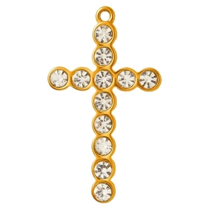 Polished gold 304 stainless steel cross pendant featuring multiple clear rhinestones