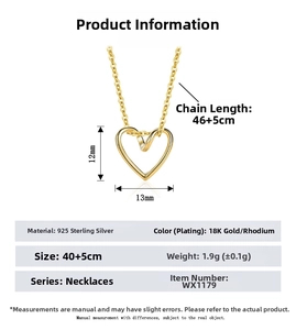Detailed size specifications for 925 sterling silver hollow heart pendant necklace