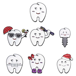 Creative 7-piece set of cartoon tooth enamel pins with fun dental and holiday themes