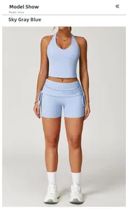 Sky gray blue halter yoga set featuring adjustable drawstring shorts and V-neck bra