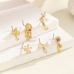 Chic 18k gold plated L-shaped nose studs set with colorful zircon floral accents
