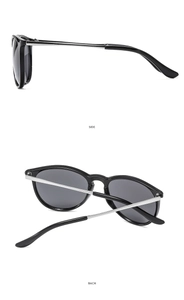 Detail view of black frame sunglasses with sleek silver metal legs from side and back angles