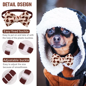 Detail of leopard print corduroy pet bowtie with adjustable white safety buckle