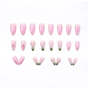 24pcs floral press-on nails with pink base, green French tips, and pearl accents