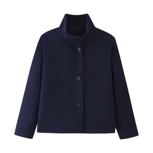 Navy blue short wool jacket with stand collar and single-breasted three-button design