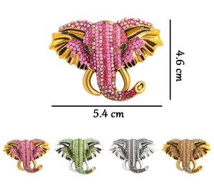 Detailed size chart of vintage elephant head brooches in multiple rhinestone colors