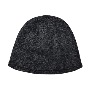 Close-up of winter reflective knit beanie showing grey marl wool blend texture