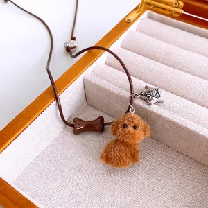 Cute Cartoon Dog Plush Pendant Necklace Adjustable Wax Rope Long Sweater Chain Alloy Star Bone For Women Girls