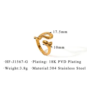 Technical drawing of 18K PVD gold plated wavy open ring with size and material details