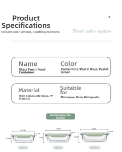 Specifications of 410ml, 680ml, 1040ml borosilicate glass lunch boxes with size details