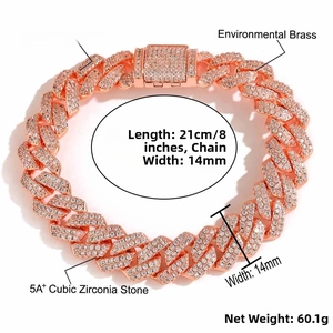 Detail of 14mm rose gold Cuban link bracelet with cubic zirconia on brass base