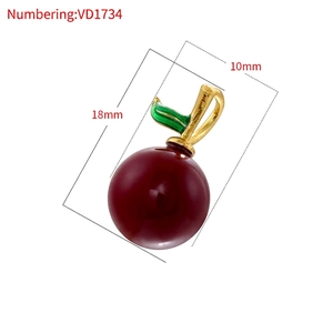 Polished cherry fruit pendant with red pearls and golden leaves, 18mm x 10mm size