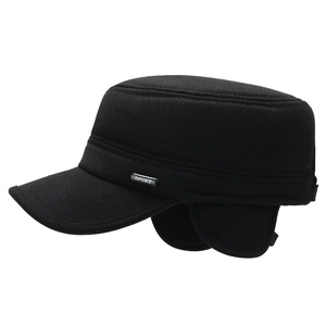 Men's winter military flat cap in black with ear flaps and sporty metal detail