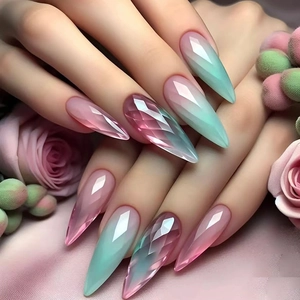 Long Almond Press On Nails 3D Diamond Texture Cat Eye Gradient Pink Mint Green Artificial Fake Nails For Women