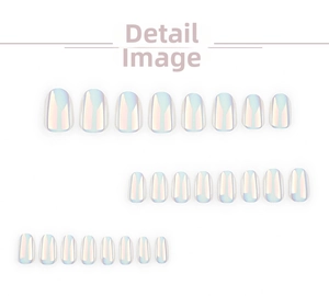 Detail showing pearlescent white press-on nail kit with iridescent mermaid coating finish