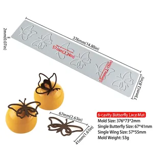 Detailed view of butterfly lace mold with dimensions and finished chocolate decoration