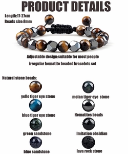 Adjustable natural tiger eye and hematite 8mm beaded bracelet for men and women