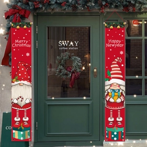 Red Merry Christmas and Happy New Year door banners set on vintage green wood door