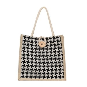 Minimalist houndstooth canvas tote bag with woven cotton rope handle and wood button