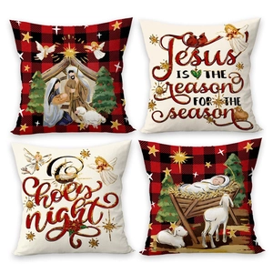 Set of 4 vintage Christmas pillow covers with angel and nativity scenes on buffalo plaid