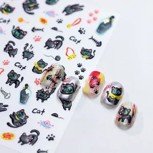 Stickers à ongles 3D en relief avec motifs de chats noirs et détails texturés