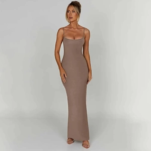 Detail of khaki backless bodycon maxi dress with thin straps and sleek silhouette