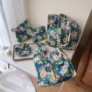 Quilted floral cotton tote and storage bag set with matching scrunchie in oil painting style
